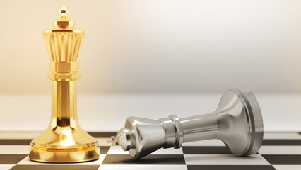 Golden chess and fallen silver pieces, victory in business competition, challenge and competition concept, 3D rendering