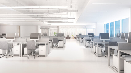 Working area in a large office building with desks and corridors, bright white light tone, 3D rendering