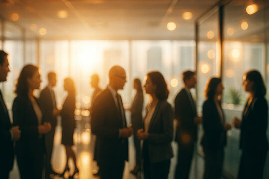 Defocused scene with Business professionals networking in a sunlit office setting with soft focus and warm tones, evoking collaboration and modern corporate energy