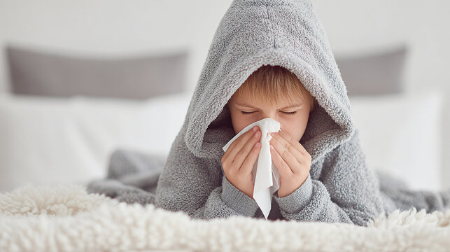 Young child in hooded robe on bed blows nose with tissue. He's sick with a cold or the flu and resting to feel better. Feeling unwell.