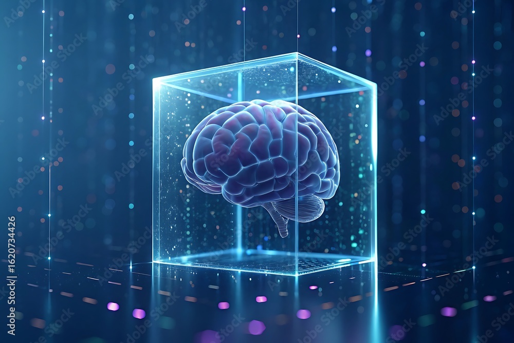 Poster artificial intelligence concept featuring a glowing brain encapsulated within a transparent cube, sy