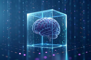 Artificial intelligence concept featuring a glowing brain encapsulated within a transparent cube, symbolizing digital technology, future innovation, and the interconnectedness of the human mind
