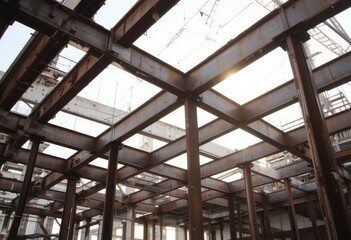 Obraz premium Close up Geometric arrangement of industrial steel beams at a construction site