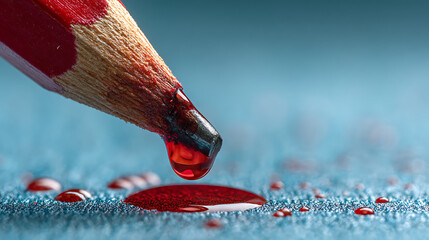 Crimson liquid dripping from sharpened red pencil onto textured blue surface macro extreme close-up