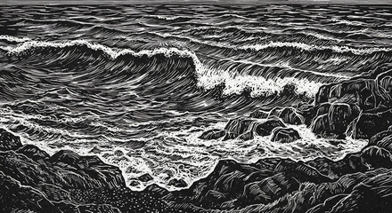 Linocut Coastal Wave Illustration