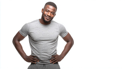 Confident Man in Athletic Wear. He is looking towards the camera, ready to engage in his workout, and standing against a plain, white backdrop.