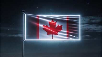 Glowing maple leaf on neon Canadian flag futuristic style abstract red and white colors banner design patriotic Canada concept modern cyber background textured vector digital identity bright national