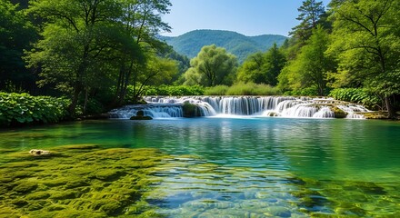 Beautiful waterfall cascading into a clear river surrounded by lush greenery