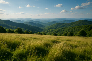 Panoramic view of rolling green hills and grassy meadow under a clear blue sky with scattered clouds on a summer day