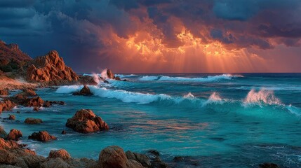 Dramatic sunrise over a rocky coastline with crashing waves