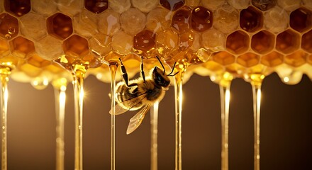 Close-up of Honeybee on Honeycomb with Dripping Honey in Warm Light