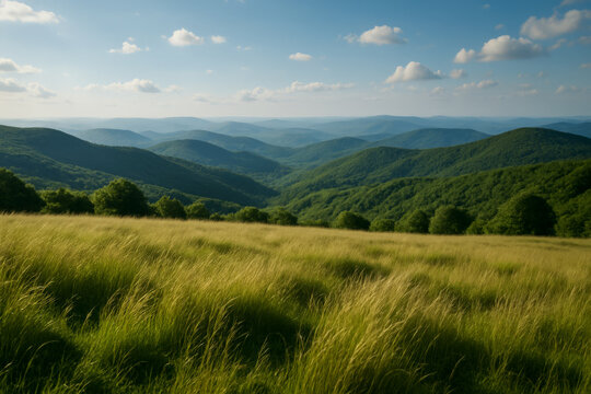 Panoramic view of rolling green hills and grassy meadow under a clear blue sky with scattered clouds on a summer day