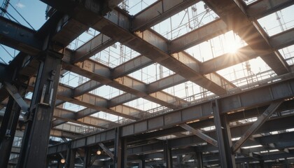 Fototapeta premium Close up Geometric arrangement of industrial steel beams at a construction site