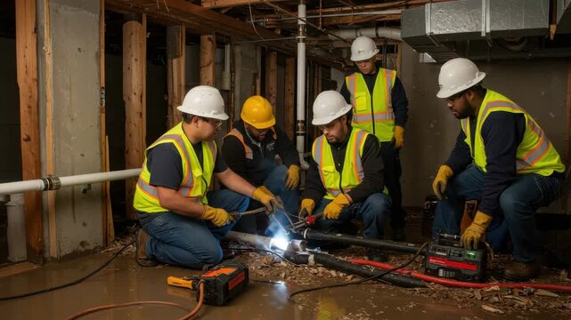 Five workers in safety vests and hard hats fix plumbing issues in a basement with tools