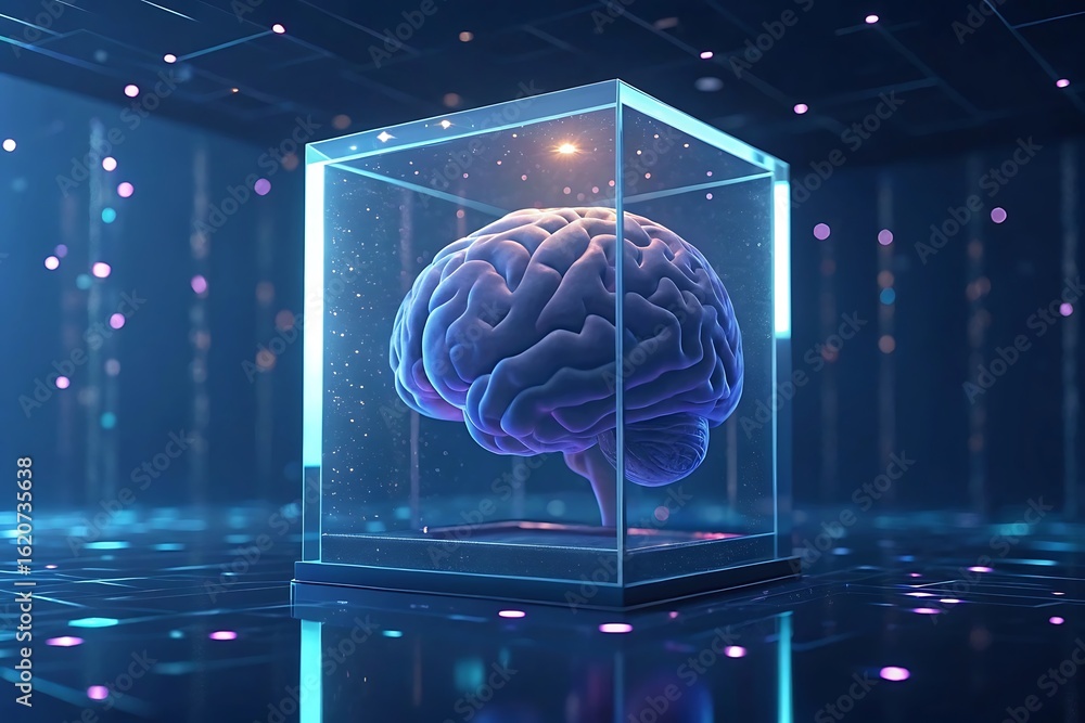 Poster artificial intelligence concept featuring a brain inside a cube, symbolizing the intersection of tec