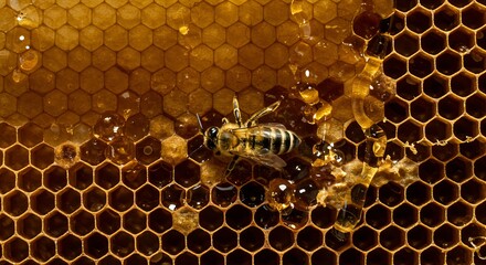 Close-up of Honeybee on Honeycomb with Nectar and Wax in Natural Setting