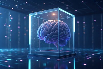 Artificial intelligence concept featuring a brain inside a cube, symbolizing the intersection of technology, science, and the future of digital innovation and humancomputer interaction