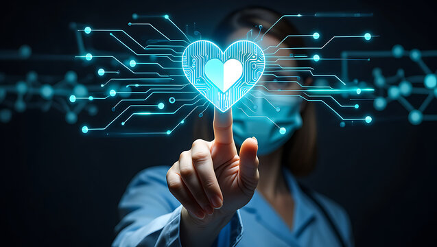 Doctor touches glowing digital heart interface representing advanced medical technology and healthcare innovation