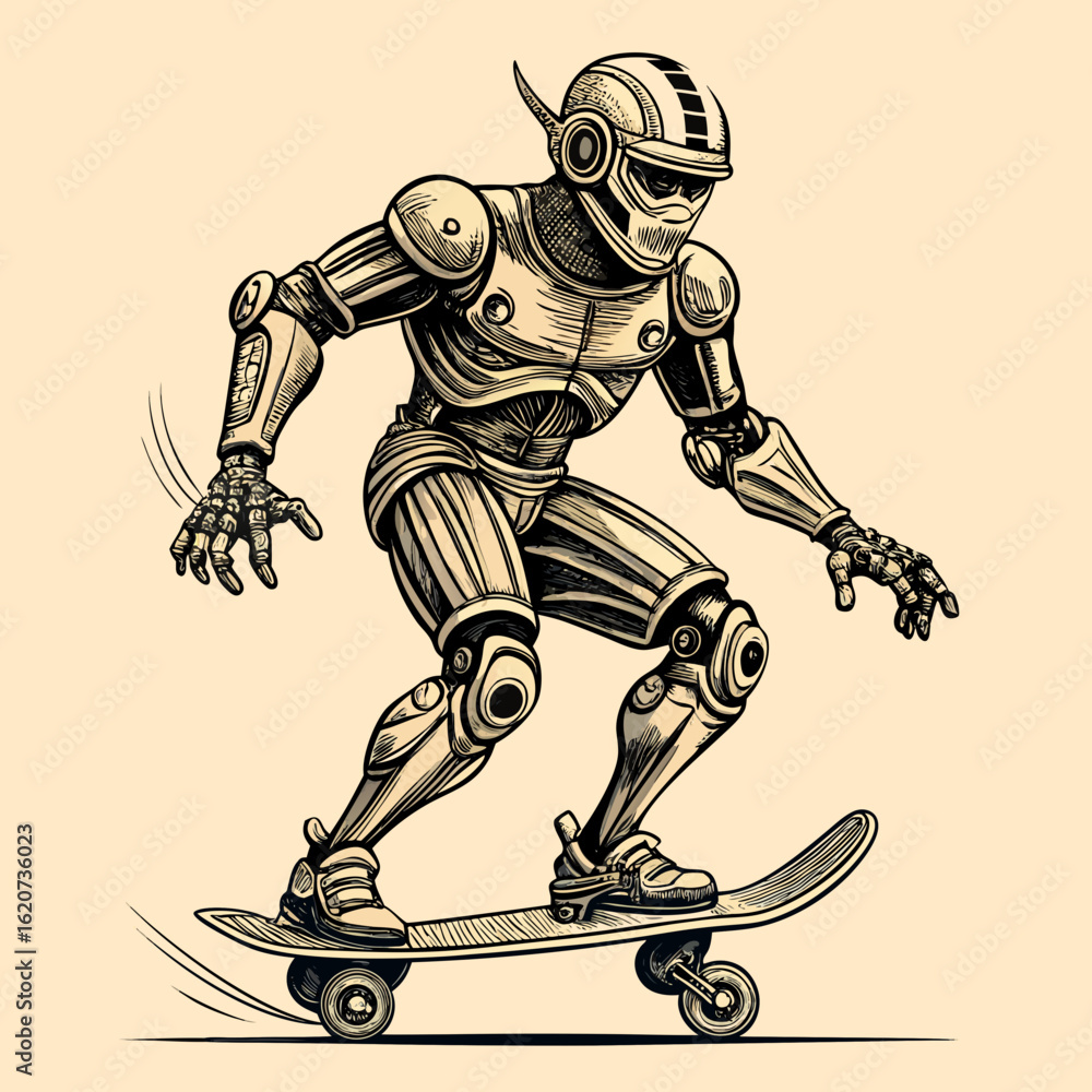 Poster retro robot skateboarder in dynamic pose with detailed mechanical design