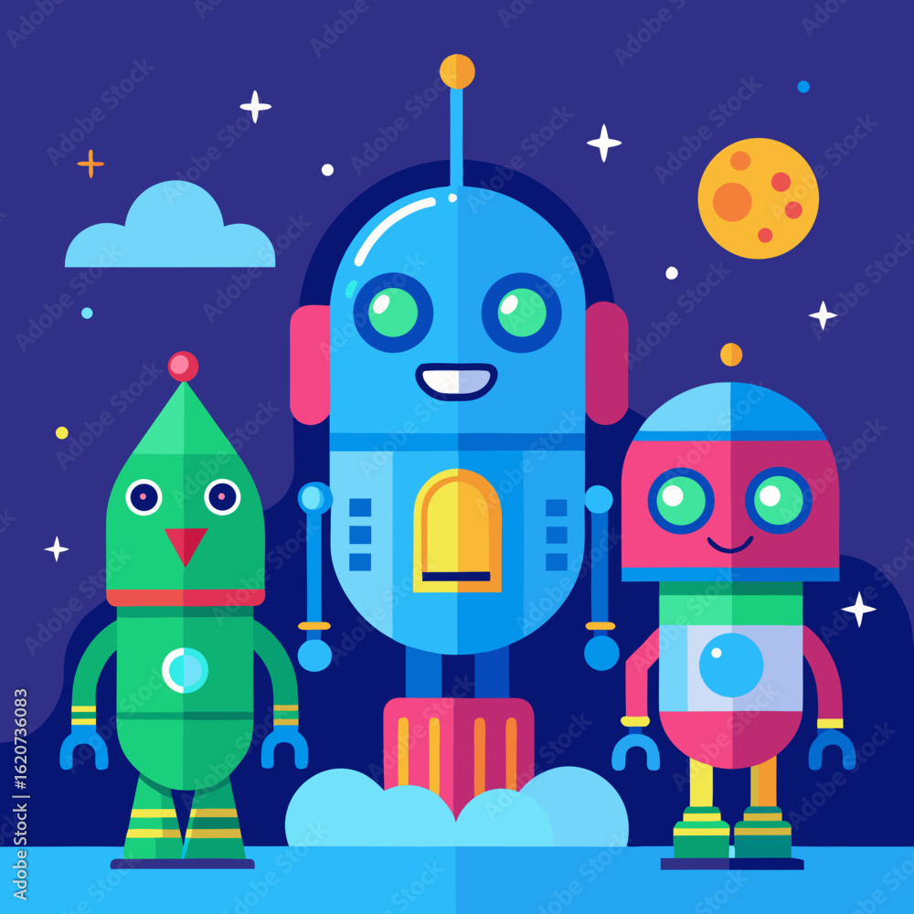 Poster three colorful cartoon robots standing together in outer space with stars and a moon