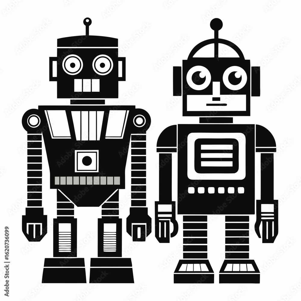 Poster two retro style black robots standing side by side on a white background