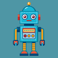Naklejka premium Friendly blue robot with red accents and a yellow antenna stands on a teal background