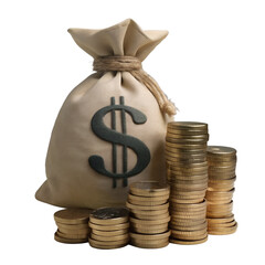 3D Money Bag with Dollar Sign, Gold Coin Stack & Growth Arrow - Finance, Banking and Investment Profit Concept. Wealth Accumulation, Economic Growth and Financial Success Illustration