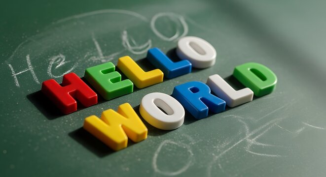 Vibrant 'Hello World' message in colorful 3D letters on a dark green chalkboard, symbolizing programming and education.