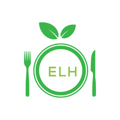 ELH Letter Logo. ELH Organic Food Logo with Plate, Fork, Knife, and Leaf Icon – Healthy Restaurant and Eco-Friendly Dining Design.
