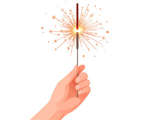 Hand holding a lit sparkler with bright fireworks isolated on transparent background