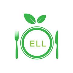 ELL Letter Logo. ELL Organic Food Logo with Plate, Fork, Knife, and Leaf Icon – Healthy Restaurant and Eco-Friendly Dining Design.

