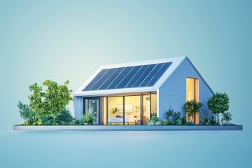 Modern house with solar panels on the roof isolated on white background
