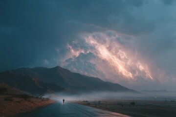 Solitary road leading through a dramatic mountain landscape under stormy skies.