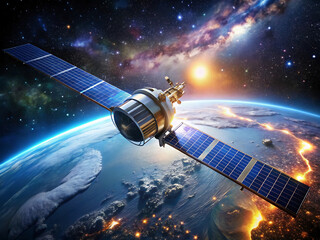 Satellite orbiting earth with city lights at night, a digital render of space exploration