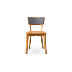 Simple wooden chair with a grey upholstered seat and back on white background