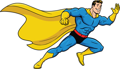 Flying comic superhero in blue costume, yellow cape trailing behind, powerful action pose, dynamic character, heroic illustration, vector artwork