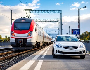 Train and car at a railway station