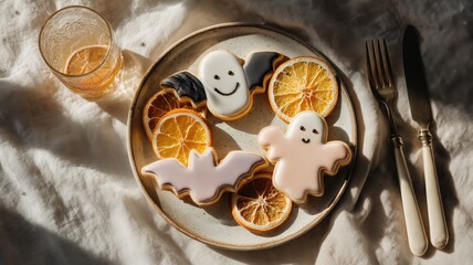 Fototapeta premium Spooky halloween cookies and dried oranges on plate sunlit breakfast