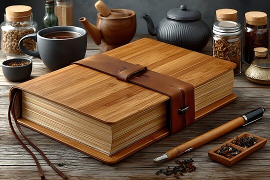 Elegant bamboo journal with brass lock high resolution picture - Powered by Adobe