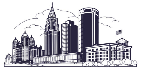 Detroit Cityscape Vector Art - Renaissance Centre, Comerica Park, Historic Downtown