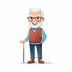 Generational Wisdom: A charming older gentleman, a portrait of active senior life, stands confidently, holding a walking stick, a smile gracing his face in a brightly-lit.