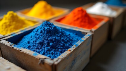 Four wooden boxes filled with colorful powders in a row