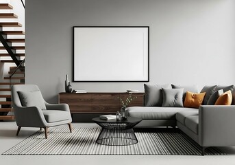 Photo of modern living room interior with a comfortable sectional sofa, armchair, coffee table, and artwork on the wall, showcasing elegant home decor and design