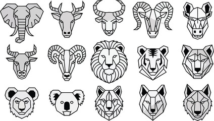 Geometric animal heads collection in polygonal line art style. Vector icon set.