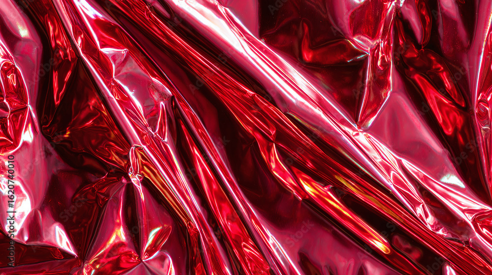 Poster wrinkled red foil shimmers with vibrant light, creating a captivating abstract pattern. the folds an