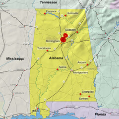 Colorful location map with red stick pin at Birmingham, Alabama, United States of Ameraica, USA and the surrounding area
