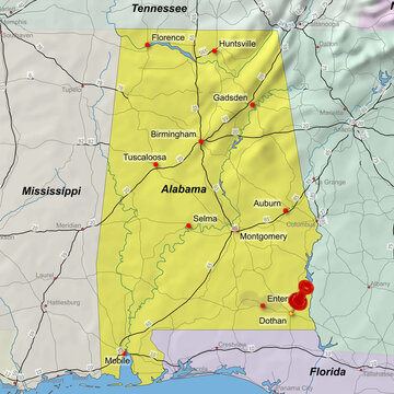 Colorful location map with red stick pin at Dothan, Alabama, United States of Ameraica, USA and the surrounding area