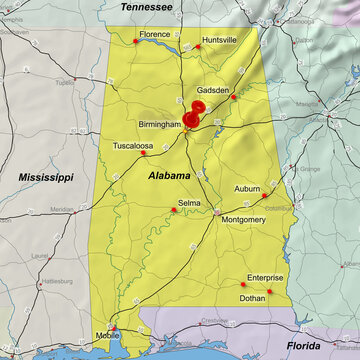 Colorful location map with red stick pin at Birmingham, Alabama, United States of Ameraica, USA and the surrounding area