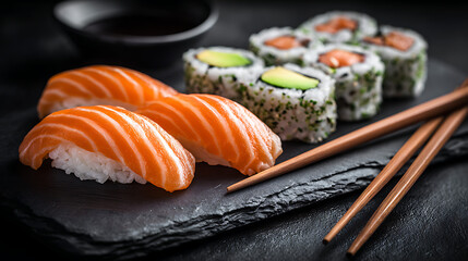 Fresh salmon nigiri and avocado maki rolls with chopsticks on slate sushi