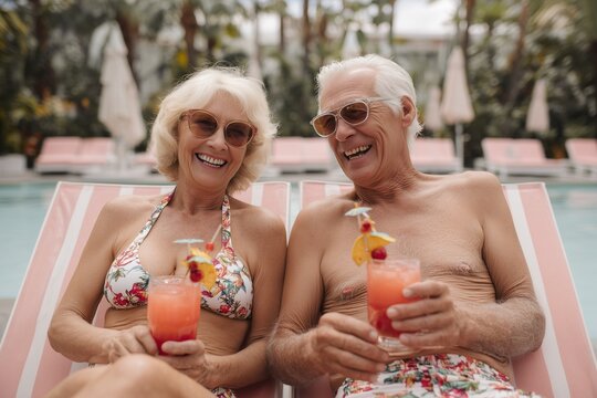 Senior couple sitting on poolside lounge chairs, wearing floral swimwear and sunglasses, smiling and holding tropical drinks with fruit garnishes and mini umbrellas.